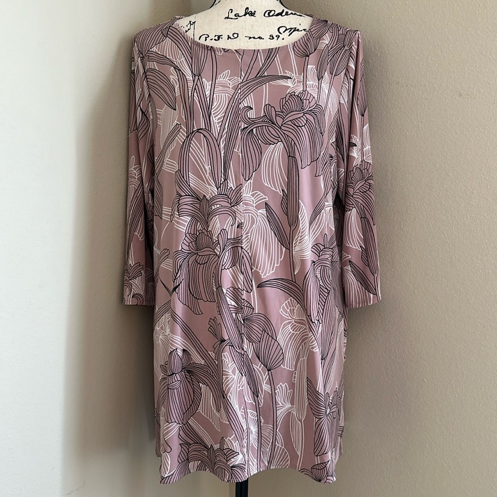 Alfani Mauve Floral Shift Dress Round Neck 3/4 Sleeve Knee Length